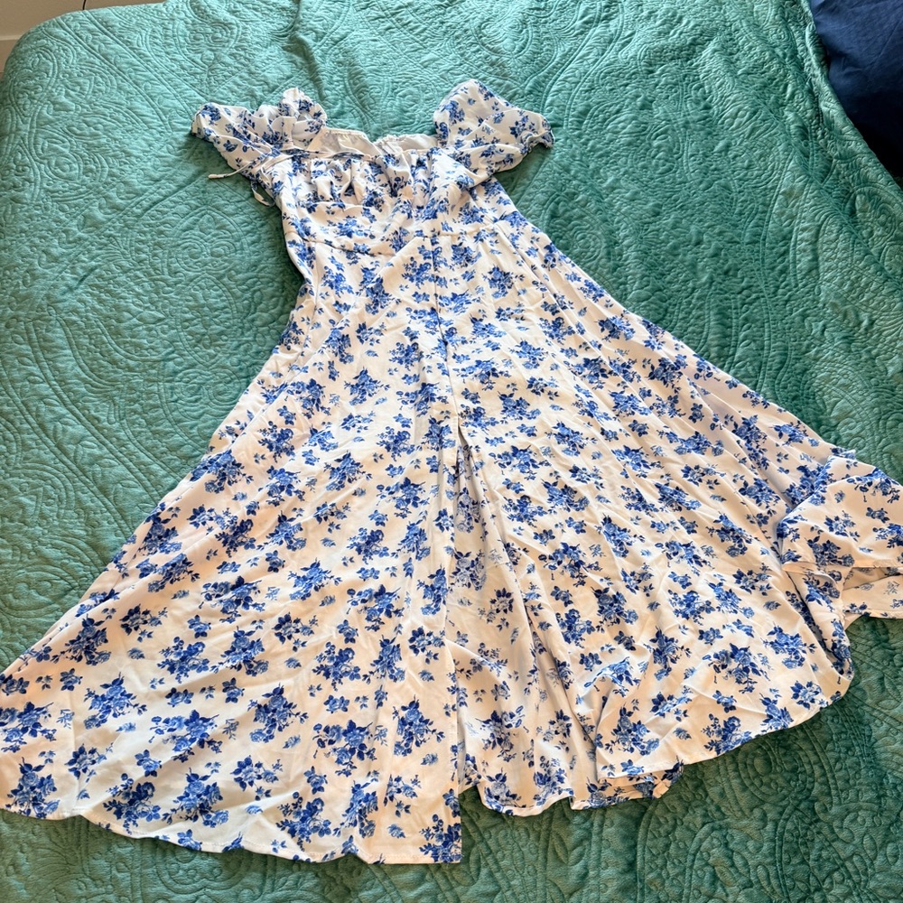 Floral Blue and White Dress with Slit